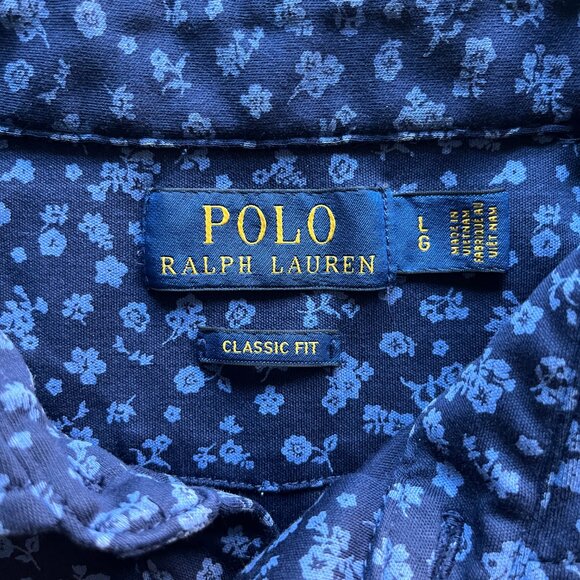 Polo Ralph Lauren Floral Print Polo Shirt Navy Blue Classic Fit Size L - Picture 2 of 6